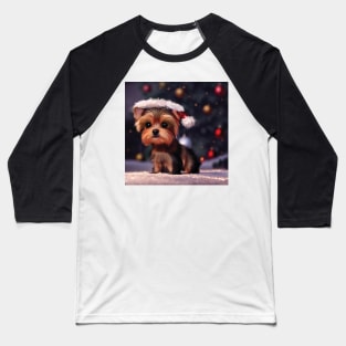 Yorkshire Terrier Christmas Puppy Dog In Santa Hat Baseball T-Shirt